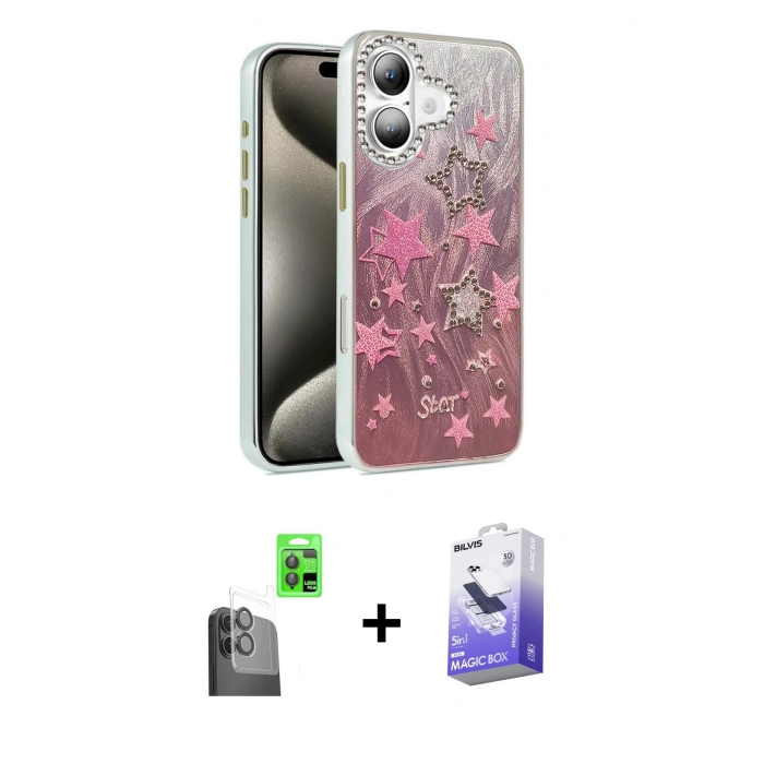 MARSİLYAN™- iPhone 16 Kılıf Zirve Modern Prime - Siyah Bilvis 5in1 5D Magic Hayalet Cam Ekran Koruyucu + Raze Metal Kamera Lens - SH