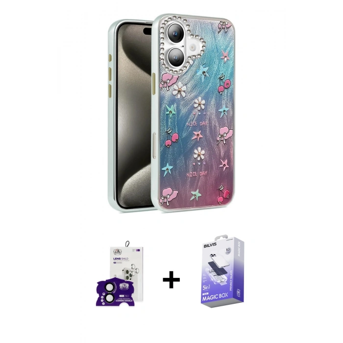 MARSİLYAN™- iPhone 16 Kılıf Zirve Modern Prime - Siyah Bilvis 5in1 5D Magic Hayalet Cam Ekran Koruyucu + Bilvis Titan Kamera Lens - SH