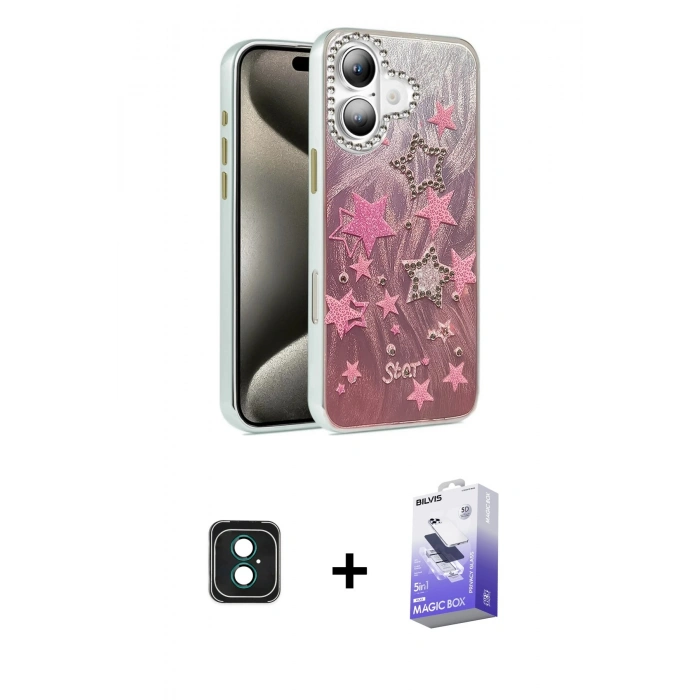 MARSİLYAN™- iPhone 16 Kılıf Zirve Modern Prime - Siyah Bilvis 5in1 5D Magic Hayalet Cam Ekran Koruyucu + PVD Metal Kamera Lens - YL