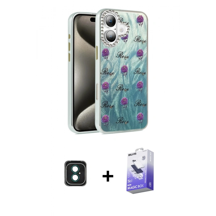 MARSİLYAN™- iPhone 16 Kılıf Zirve Modern Prime - Siyah Bilvis 5in1 5D Magic Hayalet Cam Ekran Koruyucu + PVD Metal Kamera Lens - YL