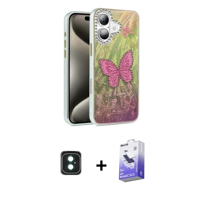 MARSİLYAN™- iPhone 16 Kılıf Zirve Modern Prime - Siyah Bilvis 5in1 5D Magic Hayalet Cam Ekran Koruyucu + PVD Metal Kamera Lens - YL