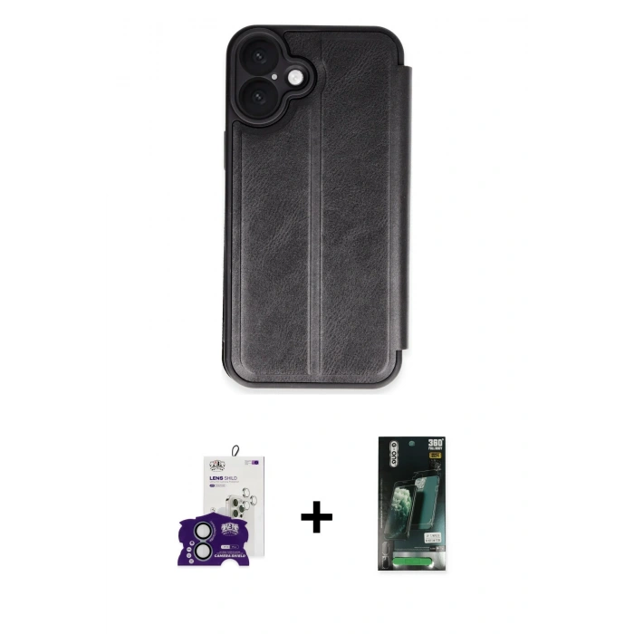 MARSİLYAN™- iPhone 16 Kılıf Zirve Yansıma Serisi - Siyah 360 Mat Full Body Arka Koruyucu + Bilvis Titan Kamera Lens - YL