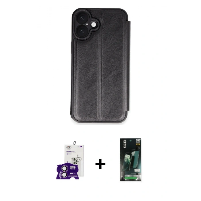 MARSİLYAN™- iPhone 16 Kılıf Zirve Yansıma Serisi - Siyah 360 Mat Full Body Arka Koruyucu + Bilvis Titan Kamera Lens - PE