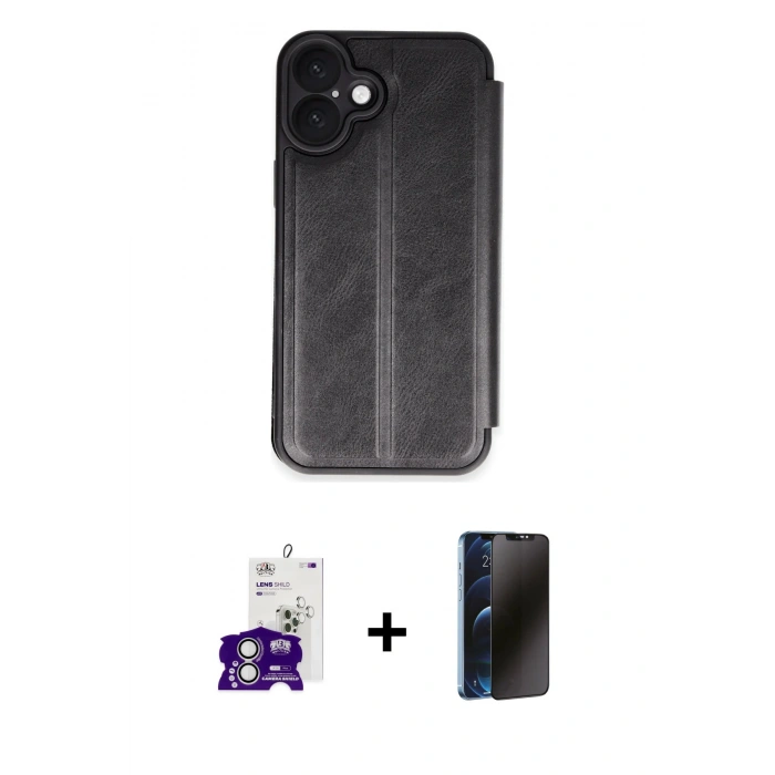MARSİLYAN™- iPhone 16 Kılıf Zirve Yansıma Serisi - Siyah 3D Antistatik Hayalet Cam Ekran Koruyucu + Bilvis Titan Kamera Lens - GS