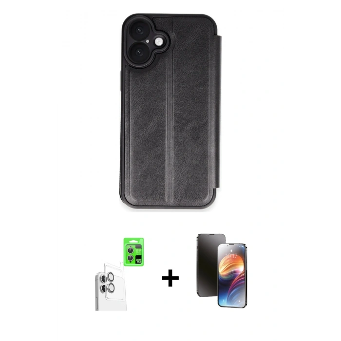 MARSİLYAN™- iPhone 16 Kılıf Zirve Yansıma Serisi - Siyah 3D Antistatik Mat Seramik Nano Ekran Koruyucu + Raze Metal Kamera Lens - BZ