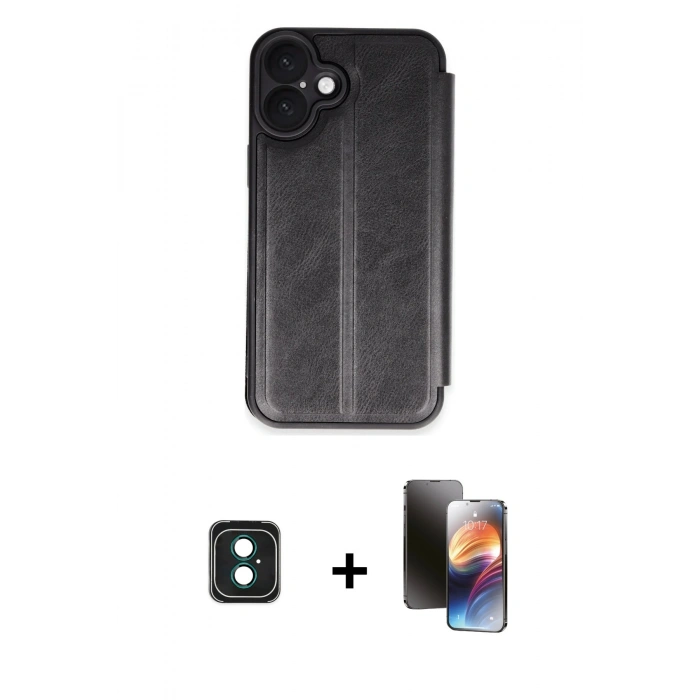 MARSİLYAN™- iPhone 16 Kılıf Zirve Yansıma Serisi - Siyah 3D Antistatik Mat Seramik Nano Ekran Koruyucu + PVD Metal Kamera Lens - YL