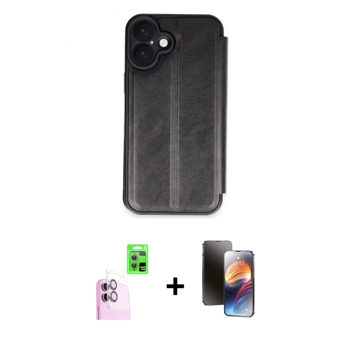 MARSİLYAN™- iPhone 16 Kılıf Zirve Yansıma Serisi - Siyah 3D Antistatik Mat Seramik Nano Ekran Koruyucu + Raze Metal Kamera Lens - PE