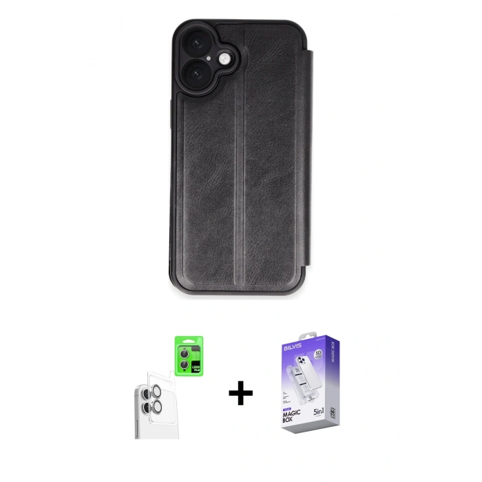 MARSİLYAN™- iPhone 16 Kılıf Zirve Yansıma Serisi - Siyah Bilvis 5in1 3D Magic Cam Ekran Koruyucu + Raze Metal Kamera Lens - BZ