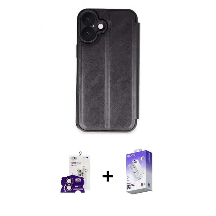 MARSİLYAN™- iPhone 16 Kılıf Zirve Yansıma Serisi - Siyah Bilvis 5in1 3D Magic Cam Ekran Koruyucu + Bilvis Titan Kamera Lens - PE