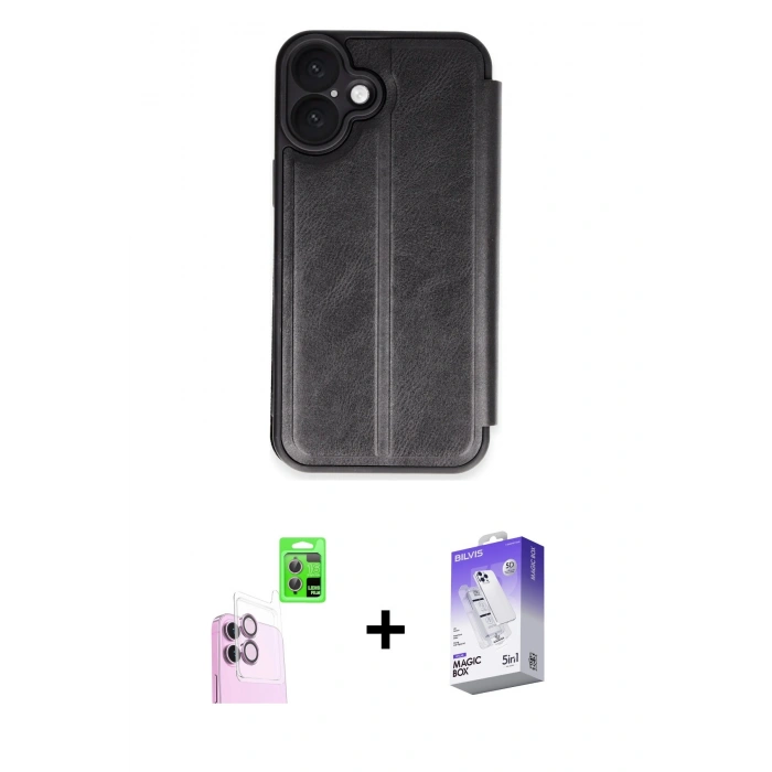 MARSİLYAN™- iPhone 16 Kılıf Zirve Yansıma Serisi - Siyah Bilvis 5in1 3D Magic Cam Ekran Koruyucu + Pembe Raze Metal Kamera Lens