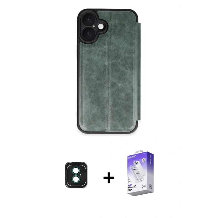 MARSİLYAN™- iPhone 16 Kılıf Zirve Yansıma Serisi - Siyah Bilvis 5in1 3D Magic Cam Ekran Koruyucu + Yeşil PVD Metal Kamera Lens