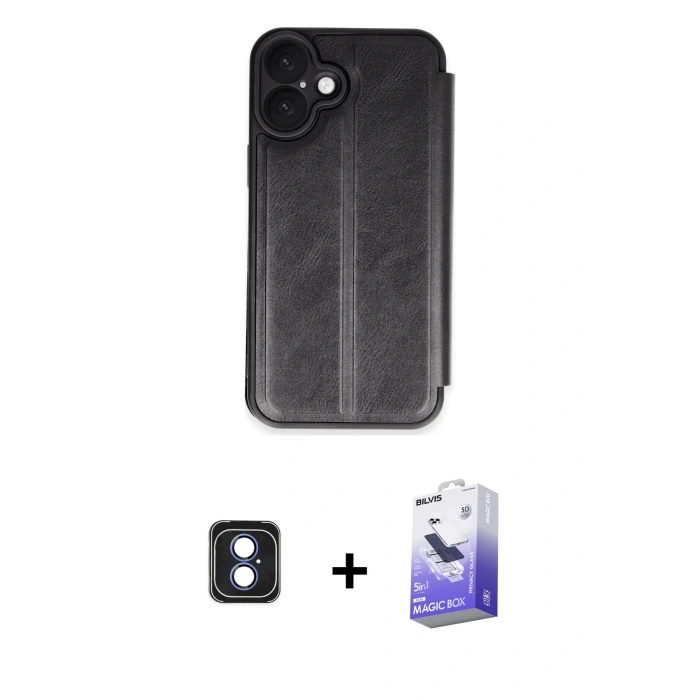 MARSİLYAN™- iPhone 16 Kılıf Zirve Yansıma Serisi - Siyah Bilvis 5in1 5D Magic Hayalet Cam Ekran Koruyucu + PVD Metal Kamera Lens - MI