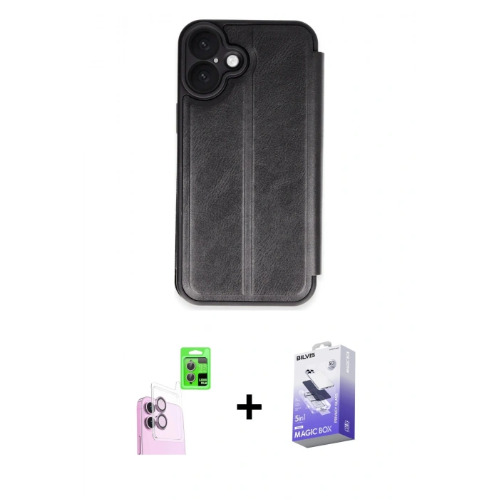 MARSİLYAN™- iPhone 16 Kılıf Zirve Yansıma Serisi - Siyah Bilvis 5in1 5D Magic Hayalet Cam Ekran Koruyucu + Raze Metal Kamera Lens - PE