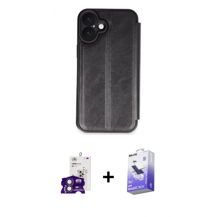 MARSİLYAN™- iPhone 16 Kılıf Zirve Yansıma Serisi - Siyah Bilvis 5in1 5D Magic Hayalet Cam Ekran Koruyucu + Bilvis Titan Kamera Lens - PE