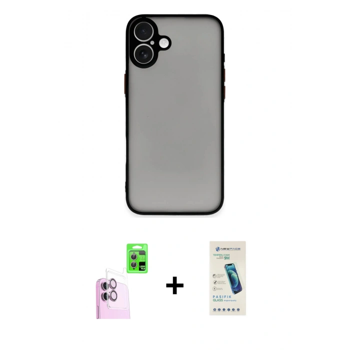MARSİLYAN™- iPhone 16 Plus Kılıf Ahenk Çizgi Serisi - Şeffaf Pasifik Cam Ekran Koruyucu + Raze Metal Kamera Lens - PE