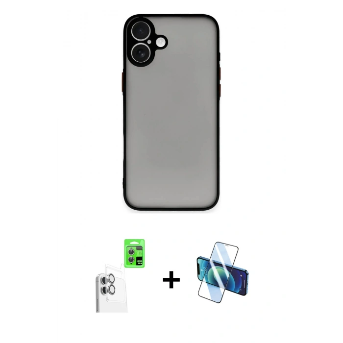 MARSİLYAN™- iPhone 16 Plus Kılıf Ahenk Çizgi Serisi - Siyah 3D Antistatik Cam Ekran Koruyucu + Raze Metal Kamera Lens - BZ