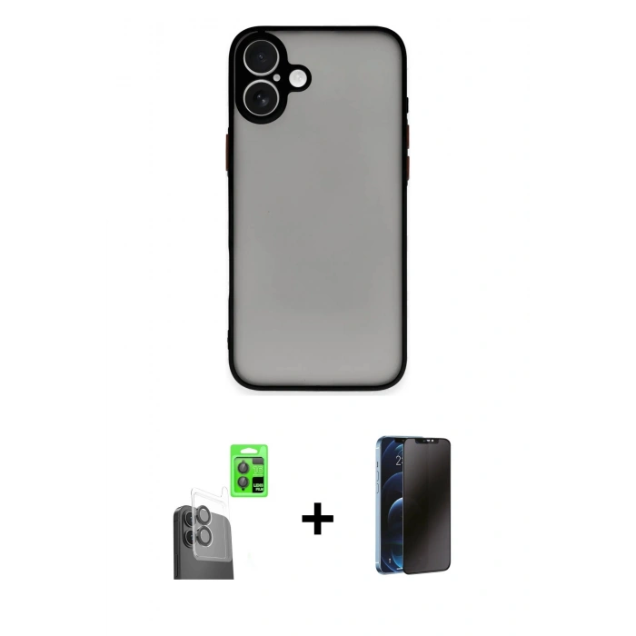 MARSİLYAN™- iPhone 16 Plus Kılıf Ahenk Çizgi Serisi - Siyah 3D Antistatik Hayalet Cam Ekran Koruyucu + Raze Metal Kamera Lens - SH