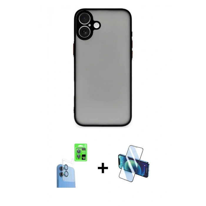 MARSİLYAN™- iPhone 16 Plus Kılıf Ahenk Çizgi Serisi - Siyah 3D Antistatik Seramik Nano Ekran Koruyucu + Lacivert Raze Metal Kamera Lens