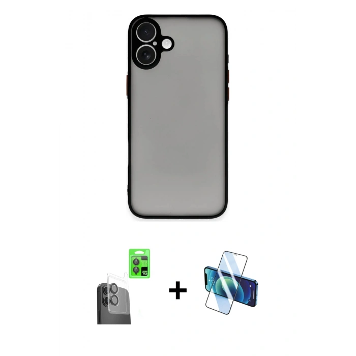MARSİLYAN™- iPhone 16 Plus Kılıf Ahenk Çizgi Serisi - Siyah 3D Antistatik Seramik Nano Ekran Koruyucu + Siyah Raze Metal Kamera Lens
