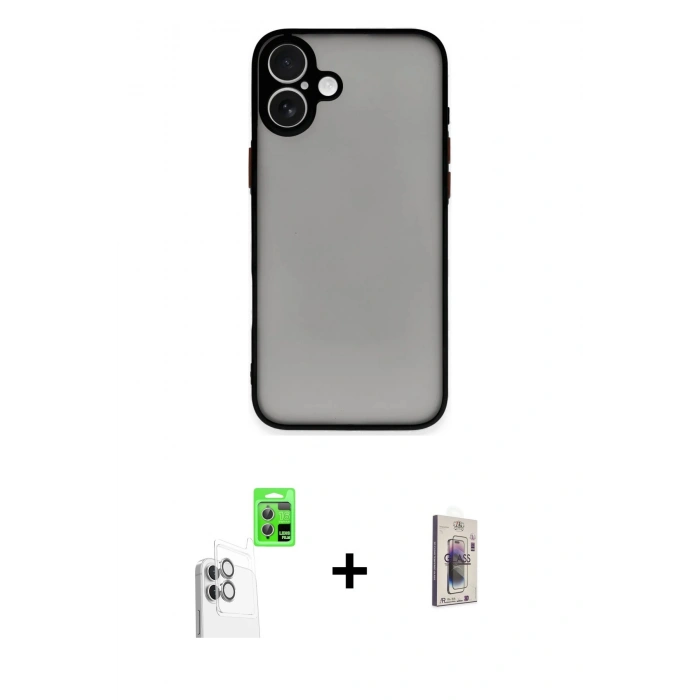 MARSİLYAN™- iPhone 16 Plus Kılıf Ahenk Çizgi Serisi - Siyah Bilvis 3D Cam Ekran Koruyucu + Beyaz Raze Metal Kamera Lens