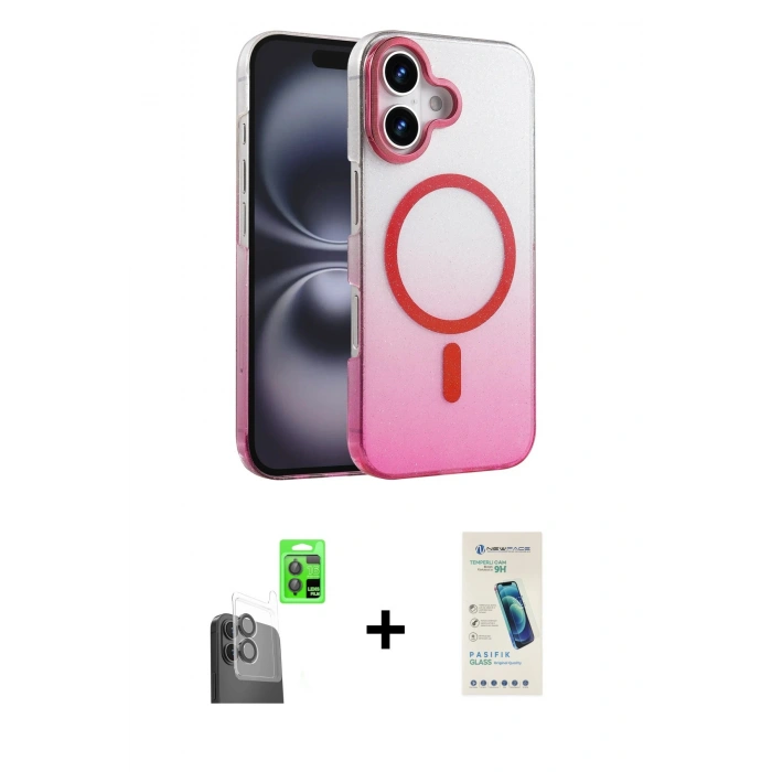 MARSİLYAN™- iPhone 16 Plus Kılıf Ahenk Doku Özel Seri - Şeffaf Pasifik Cam Ekran Koruyucu + Raze Metal Kamera Lens - SH