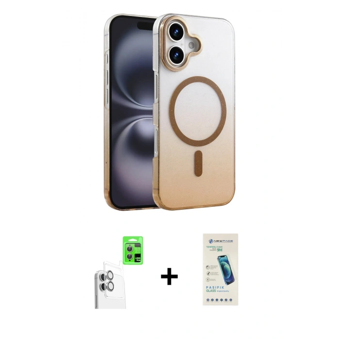 MARSİLYAN™- iPhone 16 Plus Kılıf Ahenk Doku Özel Seri - Şeffaf Pasifik Cam Ekran Koruyucu + Raze Metal Kamera Lens - BZ