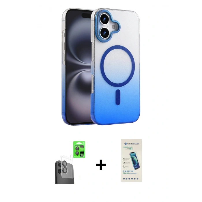 MARSİLYAN™- iPhone 16 Plus Kılıf Ahenk Doku Özel Seri - Şeffaf Pasifik Cam Ekran Koruyucu + Raze Metal Kamera Lens - SH