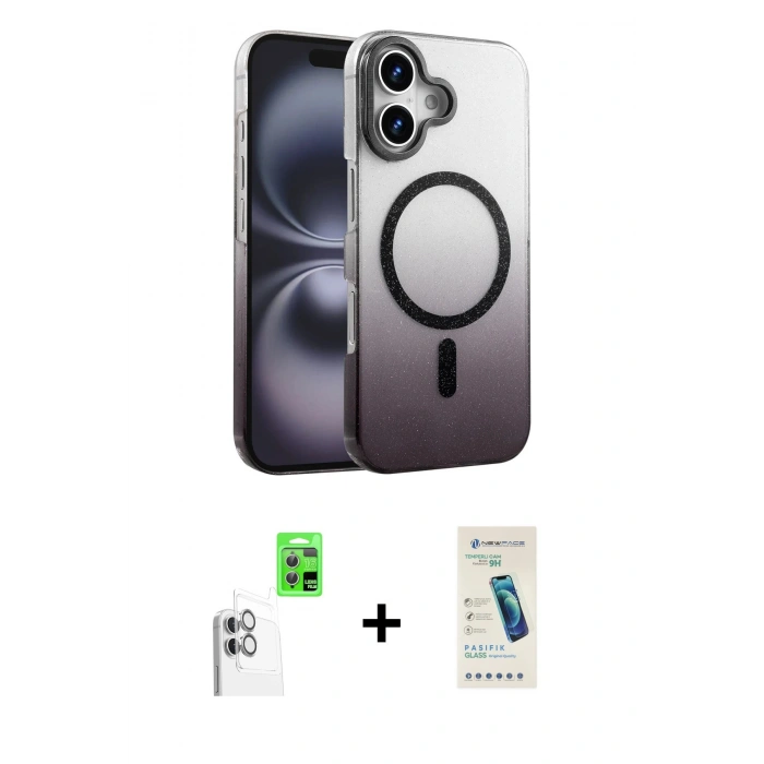 MARSİLYAN™- iPhone 16 Plus Kılıf Ahenk Doku Özel Seri - Şeffaf Pasifik Cam Ekran Koruyucu + Raze Metal Kamera Lens - BZ