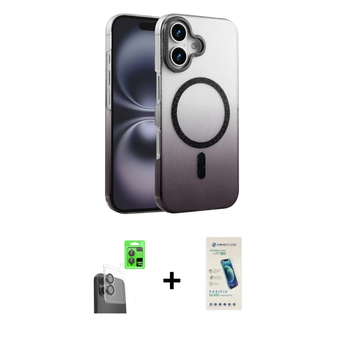 MARSİLYAN™- iPhone 16 Plus Kılıf Ahenk Doku Özel Seri - Şeffaf Pasifik Cam Ekran Koruyucu + Raze Metal Kamera Lens - SH