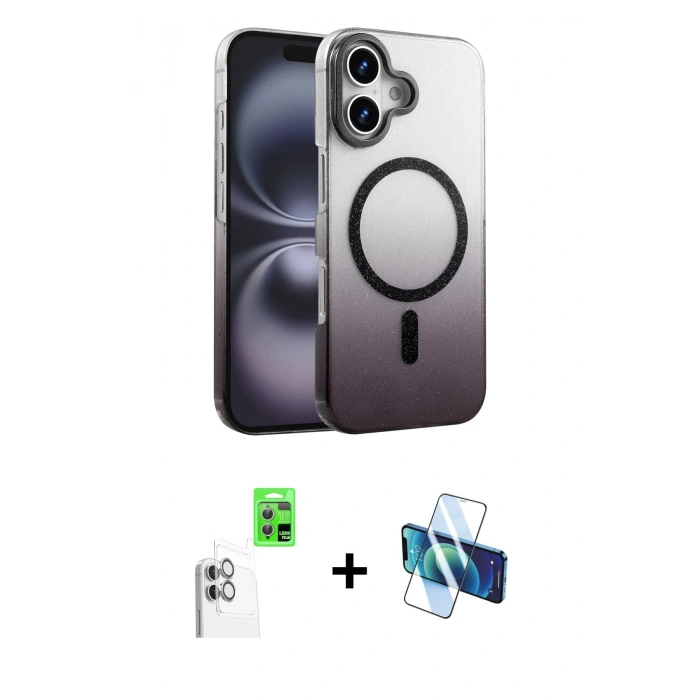 MARSİLYAN™- iPhone 16 Plus Kılıf Ahenk Doku Özel Seri - Siyah 3D Antistatik Cam Ekran Koruyucu + Raze Metal Kamera Lens - BZ