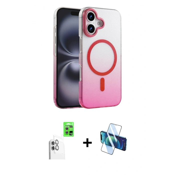 MARSİLYAN™- iPhone 16 Plus Kılıf Ahenk Doku Özel Seri - Siyah 3D Antistatik Cam Ekran Koruyucu + Raze Metal Kamera Lens - BZ