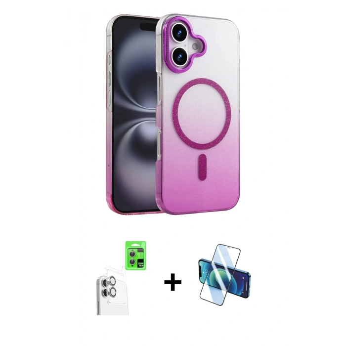 MARSİLYAN™- iPhone 16 Plus Kılıf Ahenk Doku Özel Seri - Siyah 3D Antistatik Cam Ekran Koruyucu + Raze Metal Kamera Lens - BZ