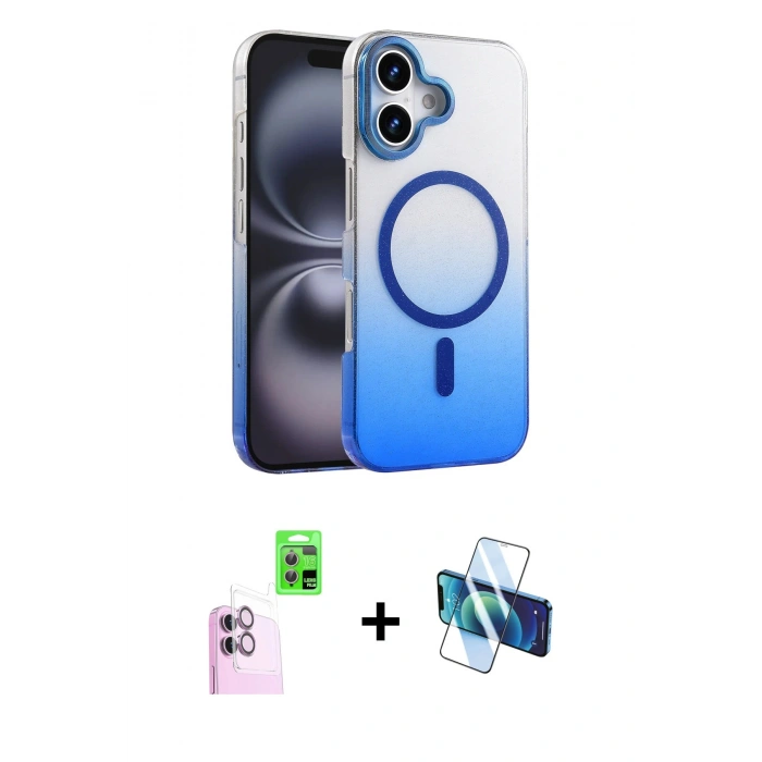 MARSİLYAN™- iPhone 16 Plus Kılıf Ahenk Doku Özel Seri - Siyah 3D Antistatik Cam Ekran Koruyucu + Raze Metal Kamera Lens - PE