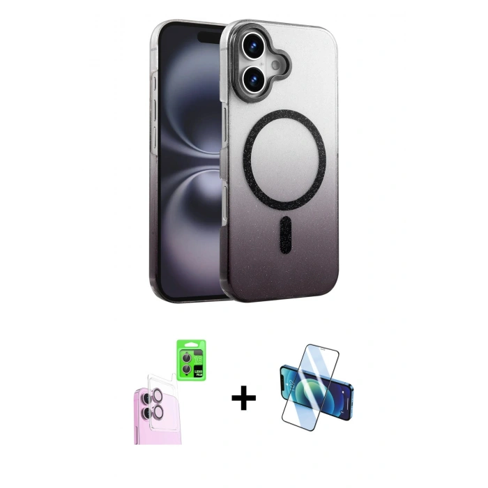 MARSİLYAN™- iPhone 16 Plus Kılıf Ahenk Doku Özel Seri - Siyah 3D Antistatik Cam Ekran Koruyucu + Raze Metal Kamera Lens - PE