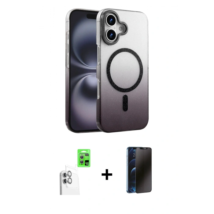 MARSİLYAN™- iPhone 16 Plus Kılıf Ahenk Doku Özel Seri - Siyah 3D Antistatik Hayalet Cam Ekran Koruyucu + Beyaz Raze Metal Kamera Lens