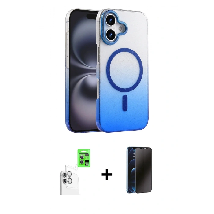 MARSİLYAN™- iPhone 16 Plus Kılıf Ahenk Doku Özel Seri - Siyah 3D Antistatik Hayalet Cam Ekran Koruyucu + Beyaz Raze Metal Kamera Lens