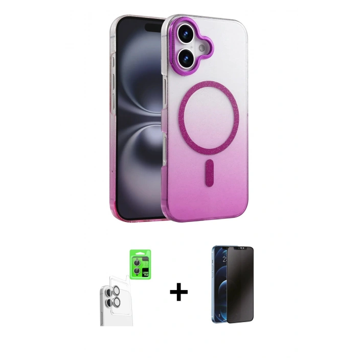MARSİLYAN™- iPhone 16 Plus Kılıf Ahenk Doku Özel Seri - Siyah 3D Antistatik Hayalet Cam Ekran Koruyucu + Beyaz Raze Metal Kamera Lens