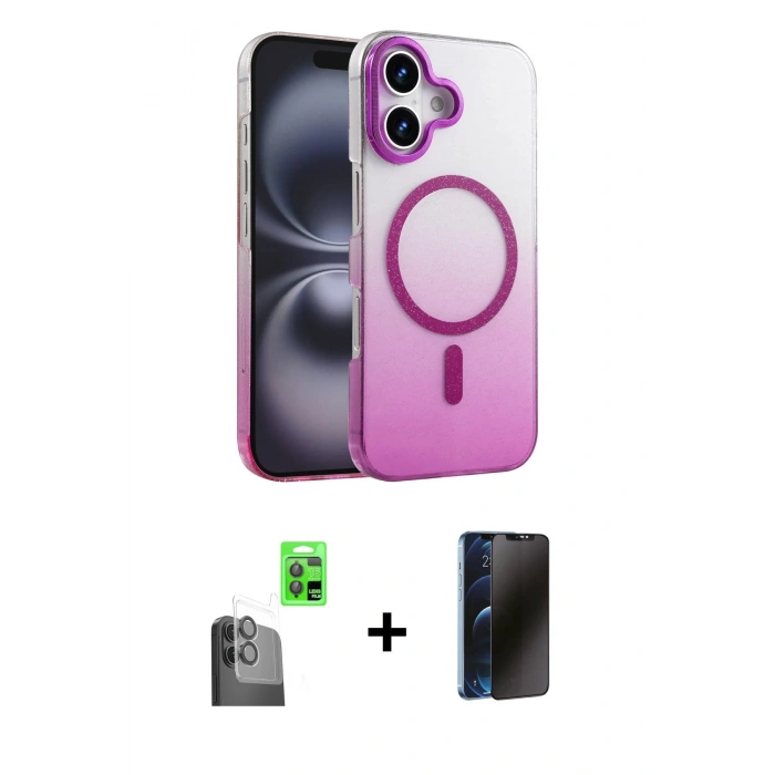MARSİLYAN™- iPhone 16 Plus Kılıf Ahenk Doku Özel Seri - Siyah 3D Antistatik Hayalet Cam Ekran Koruyucu + Raze Metal Kamera Lens - SH