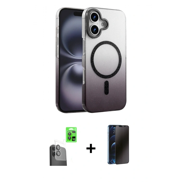 MARSİLYAN™- iPhone 16 Plus Kılıf Ahenk Doku Özel Seri - Siyah 3D Antistatik Hayalet Cam Ekran Koruyucu + Raze Metal Kamera Lens - SH