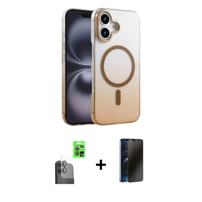 MARSİLYAN™- iPhone 16 Plus Kılıf Ahenk Doku Özel Seri - Siyah 3D Antistatik Hayalet Cam Ekran Koruyucu + Raze Metal Kamera Lens - SH