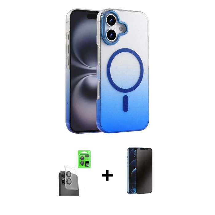 MARSİLYAN™- iPhone 16 Plus Kılıf Ahenk Doku Özel Seri - Siyah 3D Antistatik Hayalet Cam Ekran Koruyucu + Raze Metal Kamera Lens - SH