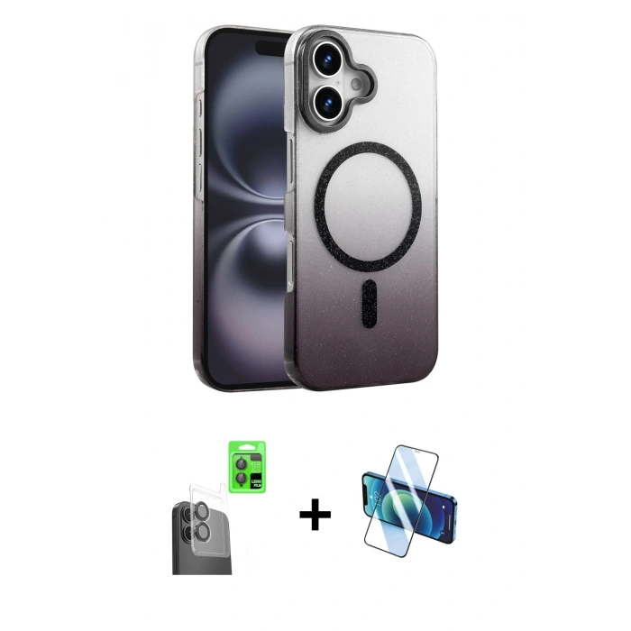 MARSİLYAN™- iPhone 16 Plus Kılıf Ahenk Doku Özel Seri - Siyah 3D Antistatik Seramik Nano Ekran Koruyucu + Raze Metal Kamera Lens - SH