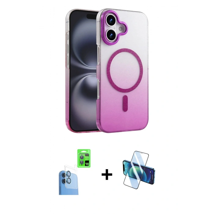 MARSİLYAN™- iPhone 16 Plus Kılıf Ahenk Doku Özel Seri - Siyah 3D Antistatik Seramik Nano Ekran Koruyucu + Lacivert Raze Metal Kamera Lens