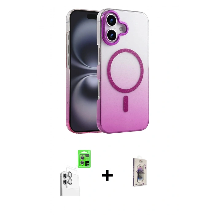 MARSİLYAN™- iPhone 16 Plus Kılıf Ahenk Doku Özel Seri - Siyah Bilvis 3D Cam Ekran Koruyucu + Raze Metal Kamera Lens - BZ