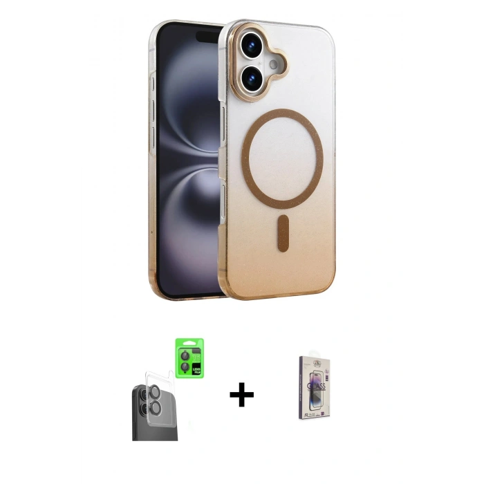 MARSİLYAN™- iPhone 16 Plus Kılıf Ahenk Doku Özel Seri - Siyah Bilvis 3D Cam Ekran Koruyucu + Raze Metal Kamera Lens - SH