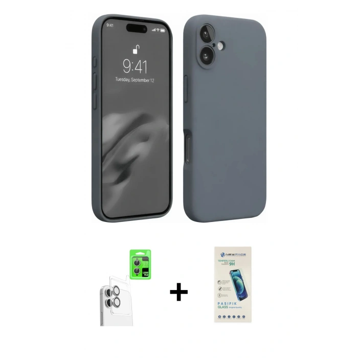 MARSİLYAN™- iPhone 16 Plus Kılıf Ahenk Serisi - Şeffaf Pasifik Cam Ekran Koruyucu + Raze Metal Kamera Lens - BZ