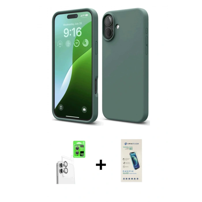 MARSİLYAN™- iPhone 16 Plus Kılıf Ahenk Serisi - Şeffaf Pasifik Cam Ekran Koruyucu + Raze Metal Kamera Lens - BZ