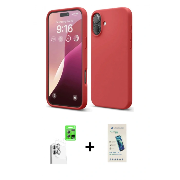 MARSİLYAN™- iPhone 16 Plus Kılıf Ahenk Serisi - Şeffaf Pasifik Cam Ekran Koruyucu + Raze Metal Kamera Lens - BZ