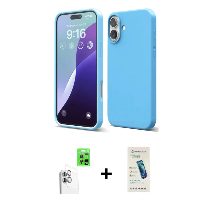 MARSİLYAN™- iPhone 16 Plus Kılıf Ahenk Serisi - Şeffaf Pasifik Cam Ekran Koruyucu + Raze Metal Kamera Lens - BZ