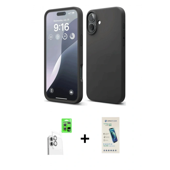 MARSİLYAN™- iPhone 16 Plus Kılıf Ahenk Serisi - Şeffaf Pasifik Cam Ekran Koruyucu + Raze Metal Kamera Lens - BZ